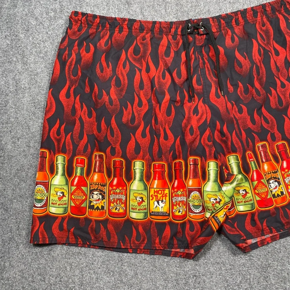 Big Dogs Hot Sauce Flames Swim Trunks Shorts Men's 3X Black‎ Red Fire Bottles